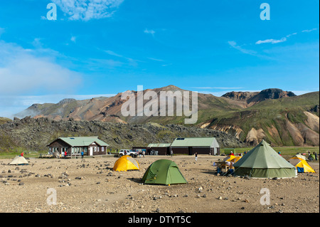 Campeggio, Landmannalaugar, Rangárþing ytra, Islanda e Scandinavia Foto Stock