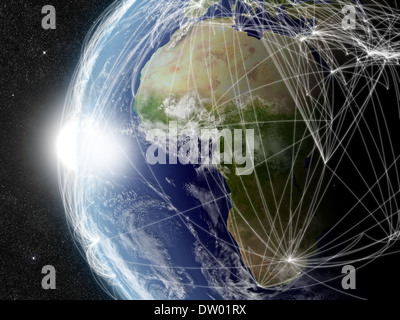 Africa con rete in rappresentanza di aria principali rotte di traffico. Gli elementi di questa immagine fornita dalla NASA. Foto Stock