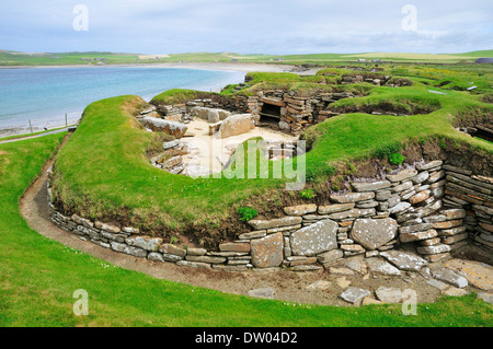 Sito di scavo all'insediamento neolitico di Skara Brae, Continentale, Orkney, Scotland, Regno Unito Foto Stock