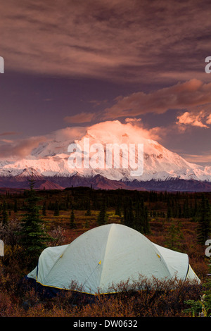 Tenda in foreground, background luce della sera sul Monte McKinley (Denali) dal Lago di meraviglia campeggio, Parco Nazionale di Denali, Alaska. Foto Stock