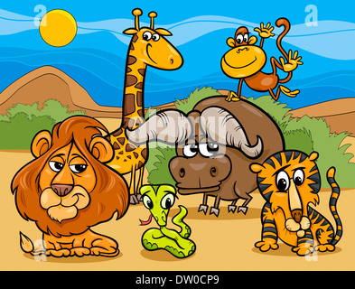 Cartoon illustrazione della scena con Selvatica Animali africani gruppo di caratteri Foto Stock