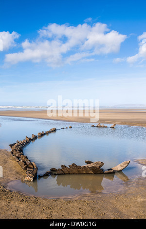 Un antico naufragio esposto sulla spiaggia di Condino Poco dopo le tempeste invernali del 2014. North Devon, in Inghilterra. Foto Stock