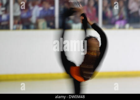 Manila, Filippine. 25 feb 2014. Filippino pattinatore olimpico Michael Martinez esegue la sua routine per la sua prestazione speciale e incontrare e salutare sessione presso la SM MOA il 25 febbraio 2014. Michael cristiano Martinez è la prima figura skater dal sud-est asiatico per qualificarsi per le Olimpiadi, Martinez è stato anche il solo atleta che rappresenta le Filippine al 2014 Olimpiadi invernali a Sochi, Russia e servito come il suo paese portabandiera alla cerimonia di apertura. Martinez che ha iniziato il pattinaggio in un commerciale mall, qualificati per il free skate a Sochi, dopo il posizionamento del XIX in breve programma wit Foto Stock