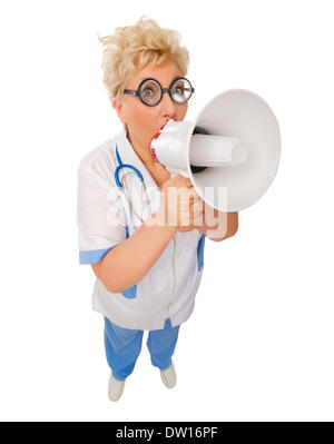 Coppia divertente medico con megafono isolato Foto Stock