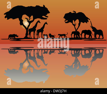 Africa wildlive con il big five e alberi in natura Foto Stock