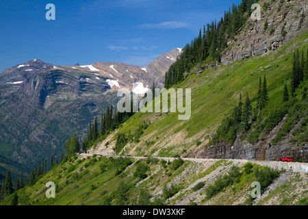 Jammer rosso bus sul andare-per-il-Sun Road nel Parco Nazionale di Glacier, Montana, USA. Foto Stock