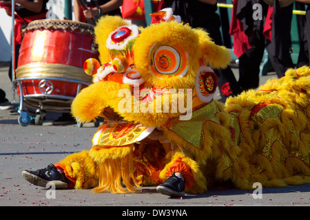 Tradizionale vietnamita Leone danza eseguita presso un festival del Tet (il nuovo anno lunare) California presumibilmente per allontanare gli spiriti maligni Foto Stock