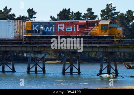 Treno merci Attraversamento fiume Waikouaiti, Karitane, Dunedin, Otago, Isola del Sud, Nuova Zelanda Foto Stock