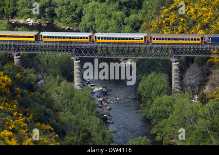 Taieri Gorge treno Taieri Attraversamento fiume a Hindon, vicino a Dunedin, Isola del Sud, Nuova Zelanda Foto Stock