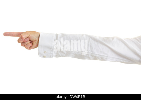 Man mano e braccio in shirtsleeves rivolta a sinistra del telaio, isolato su bianco Foto Stock