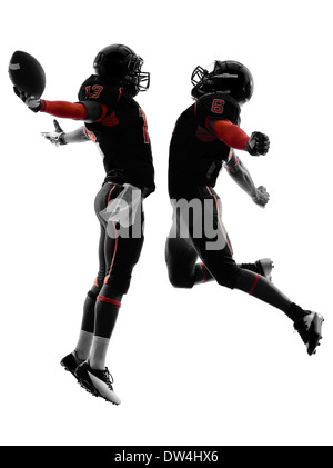 Due american football giocatori nella celebrazione di touchdown silhouette ombra su sfondo bianco Foto Stock