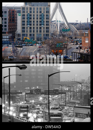 Immagine composita, Boston, prima e dopo l'arteria centrale è stata spostata al tunnel sotto la città. Boston Massachusetts, STATI UNITI D'AMERICA Foto Stock