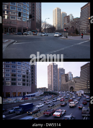 Immagine composita, Boston, prima e dopo l'arteria centrale è stata spostata al tunnel sotto la città. Boston Massachusetts, STATI UNITI D'AMERICA Foto Stock