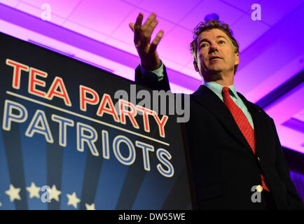 Washington, Distretto di Columbia, Stati Uniti, STATI UNITI D'AMERICA. Il 27 febbraio, 2014. Il Senatore del Kentucky, RAND PAUL, parla durante il quinto anniversario della Tea Party il movimento. Il Tea Party ha tenuto le sue prime proteste di massa nel febbraio 27, 2009, quando i sostenitori in 30 città raccolse per riduzioni nella spesa pubblica. Credito: Miguel Juarez Lugo/ZUMAPRESS.com/Alamy Live News Foto Stock