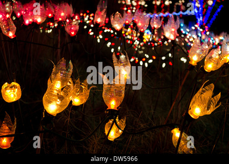 Natale colorati con luci a forma di fiore rivestimenti realizzati con bottiglie di plastica riciclate. Foto Stock