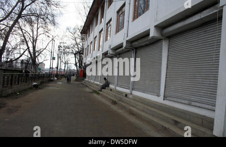 Srinagar, Indiano Kashmir amministrato. 28 Feb 2014 Un uomo pagaie la sua bicicletta accanto ai negozi chiusi durante uno sciopero a Srinagar, India, negozi e la creazione di imprese è rimasta chiusa in indiano-porzione controllata della disputa sul Kashmir come separatisti chiamato per uno sciopero generale esigenti sonda imparziale nella uccisione di sette sospetti ribelli uccisi dalle forze del governo in precedenza questa settimana.(Sofi Suhail/ Alamy Live News) Foto Stock