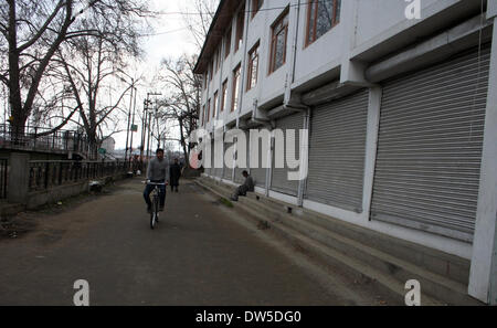 Srinagar, Indiano Kashmir amministrato. 28 Feb 2014 Un uomo pagaie la sua bicicletta accanto ai negozi chiusi durante uno sciopero a Srinagar, India, negozi e la creazione di imprese è rimasta chiusa in indiano-porzione controllata della disputa sul Kashmir come separatisti chiamato per uno sciopero generale esigenti sonda imparziale nella uccisione di sette sospetti ribelli uccisi dalle forze del governo in precedenza questa settimana.(Sofi Suhail/ Alamy Live News) Foto Stock