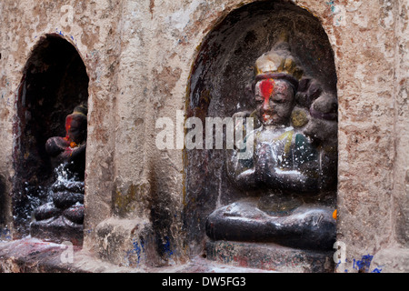 Close up di scultura di Buddha in Stupa Boudhanath, Kathmandu, Nepal Foto Stock