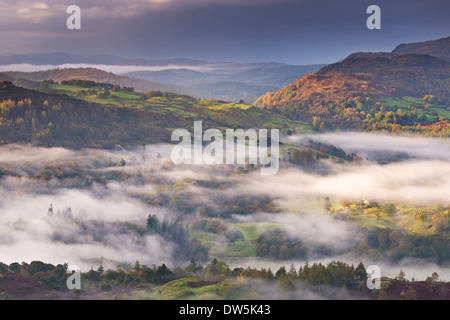 Nebbia copriva fells nel Parco Nazionale del Distretto dei Laghi, Cumbria, Inghilterra. In autunno (ottobre 2012). Foto Stock