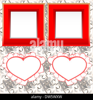 Due blank instant photo frame con forme di cuore su sfondo di legno Foto Stock