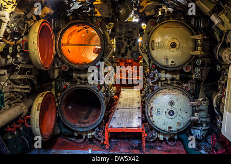 Aperto tubi a siluro in aft siluro di stanza all'interno russo diesel-elettrico sommergibile B-143 / U-480 Foxtrot tipo 641 a Zeebrugge Foto Stock