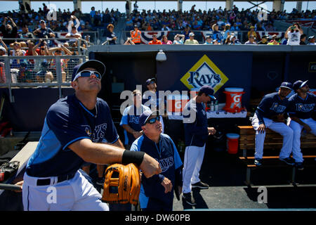 Port Charlotte, Florida, Stati Uniti d'America. 28 feb 2014. Sarà VRAGOVIC | Orari .Tampa Bay Rays terzo baseman Evan Longoria (3) OROLOGI DA la piroga come gli Stati Uniti il Comando Operazioni Speciali Team paracadute scende al di fuori campo lato l'inizio dei Tampa Bay Rays Spring Training gioco di apertura contro Baltimore in Port Charlotte su Venerdì, 28 febbraio, 2014. © sarà Vragovic/Tampa Bay volte/ZUMAPRESS.com/Alamy Live News Foto Stock