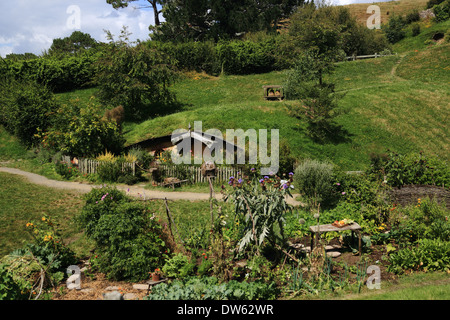 Hobbit foro e adesivo telato o Sam's garden, Hobbiton, Broadway, Matamata, Nr Cambridge, regione di Waikato, Isola del nord, Nuova Zelanda Foto Stock