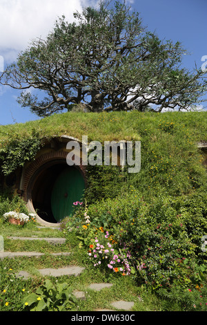 Hobbit foro con struttura di partito lo sfondo,Hobbiton, Broadway, Matamata, Nr Cambridge, regione di Waikato, Isola del nord, Nuova Zelanda Foto Stock