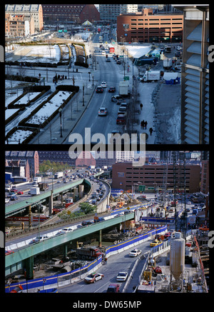 Immagine composita, Boston, prima e dopo l'arteria centrale è stata spostata al tunnel sotto la città. Boston Massachusetts, STATI UNITI D'AMERICA Foto Stock