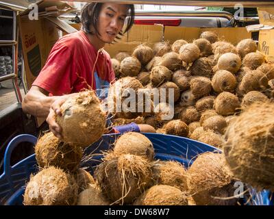 Mae Sot, Tak, Thailandia. 28 feb 2014. Un operaio scarica noci di cocco nel mercato di Mae Sot. Mae Sot è sul confine Thai-Myanmar. Il mercato è un mix di cucina Thai e birmani di imprese. © Jack Kurtz/ZUMAPRESS.com/Alamy Live News Foto Stock