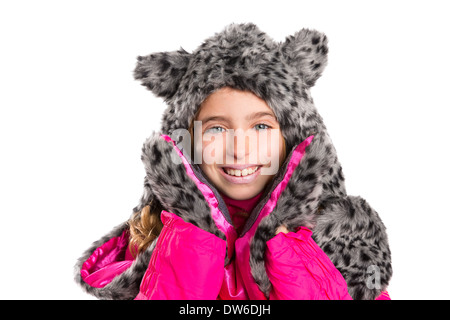 Bionda ragazza di capretto con l'inverno grigio pelliccia felina sciarpa hat in sfondo bianco Foto Stock