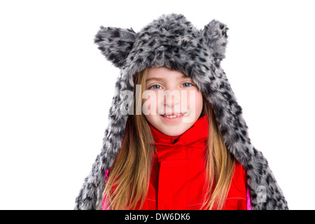 Bionda ragazza di capretto con l'inverno grigio pelliccia felina sciarpa hat in sfondo bianco Foto Stock