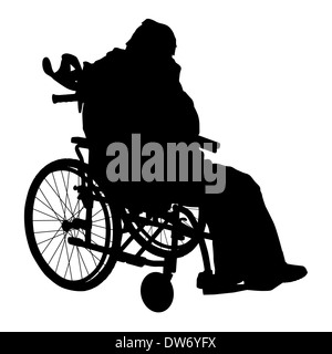 Un uomo disabile in carrozzella silhouette. Illustrazione Vettoriale. Foto Stock