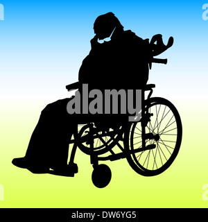 Un uomo disabile in carrozzella silhouette. Illustrazione Vettoriale. Foto Stock