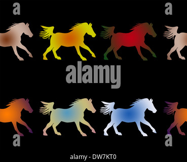 A tema equestre immagine di sfondo colorato e cavalli al galoppo su nero, un modello senza giunture Foto Stock