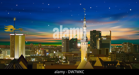 Città astratta sfondo con stelle tramonto e paesaggio Foto Stock