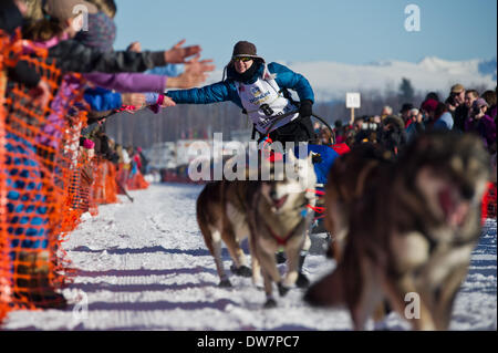 Willow, Alaska, Stati Uniti d'America. 2 Mar 2014. Marc Lester / Anchorage Daily News .Musher Yvonne Dabakk schiaffi mani con ventole Iditarod. Racing ha iniziato per il 2014 Sentiero Iditarod Sled Dog Race sul Lago di salice domenica pomeriggio, 2 marzo 2014. Sessanta nove squadre iniziato questo anno di Iditarod. Credito: Marc Lester/Anchorage Daily News/ZUMAPRESS.com/Alamy Live News Foto Stock