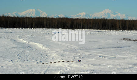Willow, AK, STATI UNITI D'AMERICA. 2 Mar 2014. Un musher aziona il suo cane team nella parte anteriore del monte Foraker, Mount Hunter e Monte McKinley subito dopo l'inizio del 2014 Sentiero Iditarod Sled Dog Race fuori di Willow, AK, domenica 2 marzo, 2014. 140302. Credito: Bob Hallinen/Anchorage Daily News/ZUMAPRESS.com/Alamy Live News Foto Stock