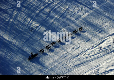 Willow, AK, STATI UNITI D'AMERICA. 2 Mar 2014. Iditarod musher Nathan Schroeder aziona il suo cane team giù il sentiero appena dopo l'inizio del 2014 Sentiero Iditarod Sled Dog Race fuori di Willow, AK, domenica 2 marzo, 2014. 140302. Credito: Bob Hallinen/Anchorage Daily News/ZUMAPRESS.com/Alamy Live News Foto Stock