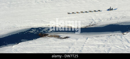 Willow, AK, STATI UNITI D'AMERICA. 2 Mar 2014. Un musher aziona il suo cane team passato alcuni aperti acqua subito dopo l'inizio del 2014 Sentiero Iditarod Sled Dog Race fuori di Willow, AK, domenica 2 marzo, 2014. 140302. Credito: Bob Hallinen/Anchorage Daily News/ZUMAPRESS.com/Alamy Live News Foto Stock