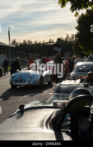 Negli anni cinquanta vetture sport nell'area di montaggio prima di prendere il via a Castle Combe, Wiltshire, Inghilterra, Regno Unito. Foto Stock