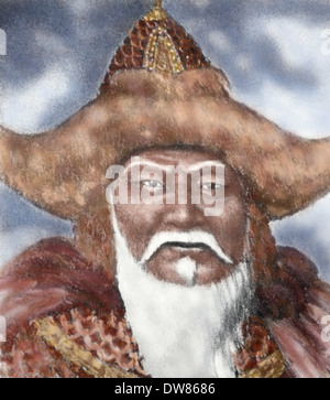 Gengis Khan (1162-1227). L'imperatore di Mogol Impero. Incisione. Colorati. Foto Stock