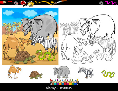 Cartoon illustrazione di Funny Safari Africano selvaggio gruppo animali per il libro da colorare con set di elementi Foto Stock