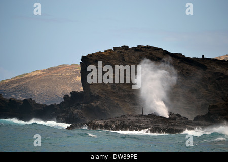 Vista del colpo Halona foro dalla spiaggia sabbiosa, Est Oahu, Hawaii, STATI UNITI D'AMERICA Foto Stock