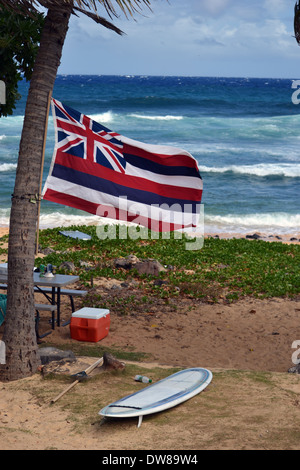 Bandiera dello stato delle Hawaii vicino a una tavola da surf in spiaggia sabbiosa, Oahu, Hawaii, STATI UNITI D'AMERICA Foto Stock