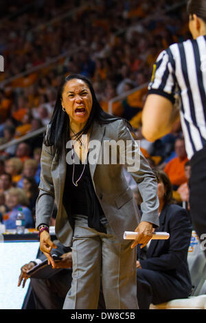 Knoxville, TN, Stati Uniti d'America. 2 Mar 2014. Marzo 2, 2014:head coach Dawn Staley del South Carolina Gamecocks durante il NCAA pallacanestro tra la University of Tennessee Lady Vols e il South Carolina Gamecocks a Thompson-Boling Arena di Knoxville, TN © csm/Alamy Live News Foto Stock