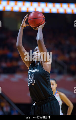 Knoxville, TN, Stati Uniti d'America. 2 Mar 2014. Marzo 2, 2014:Aleighsa Welch #24 del South Carolina Gamecocks spara un tiro libero durante il NCAA pallacanestro tra la University of Tennessee Lady Vols e il South Carolina Gamecocks a Thompson-Boling Arena di Knoxville, TN © csm/Alamy Live News Foto Stock