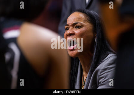 Knoxville, TN, Stati Uniti d'America. 2 Mar 2014. Marzo 2, 2014:head coach Dawn Staley del South Carolina Gamecocks durante il NCAA pallacanestro tra la University of Tennessee Lady Vols e il South Carolina Gamecocks a Thompson-Boling Arena di Knoxville, TN © csm/Alamy Live News Foto Stock