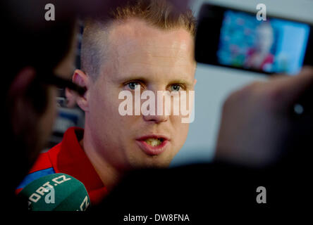 Praga, Repubblica Ceca. 3 Mar, 2014. parla ai media durante la Czech National Soccer team conferenza stampa prima della partita amichevole Repubblica Ceca vs. Norvegia, a Praga Repubblica Ceca, lunedì, 3 marzo 2014. © Vit Simanek/CTK foto/Alamy Live News Foto Stock