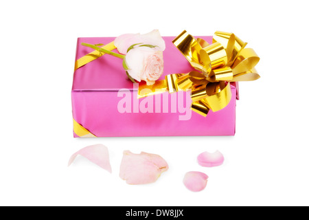 Rosa confezione regalo con rose fiore isolato su sfondo bianco Foto Stock